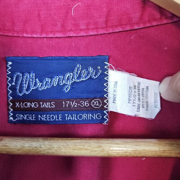 Wrangler Men's Shirt X-Long Tails Size 17.5-36 (XL) Red 100% Cotton Button Down - Picture 5 of 11